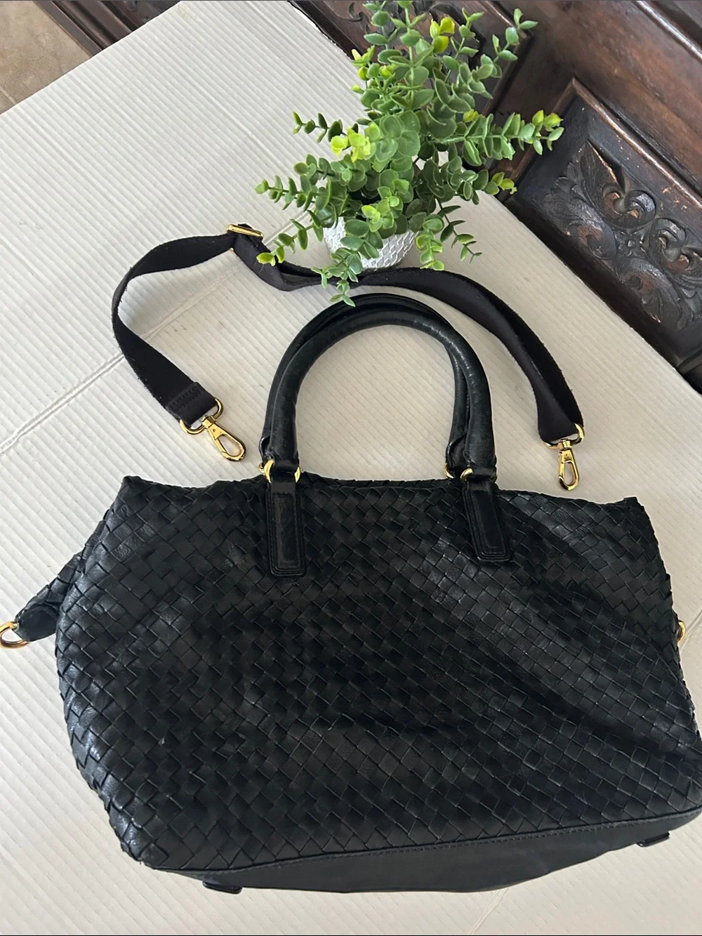 Christopher Kon Woven Leather Tote Bag with Detachable Strap - Black - Picture 13 of 15